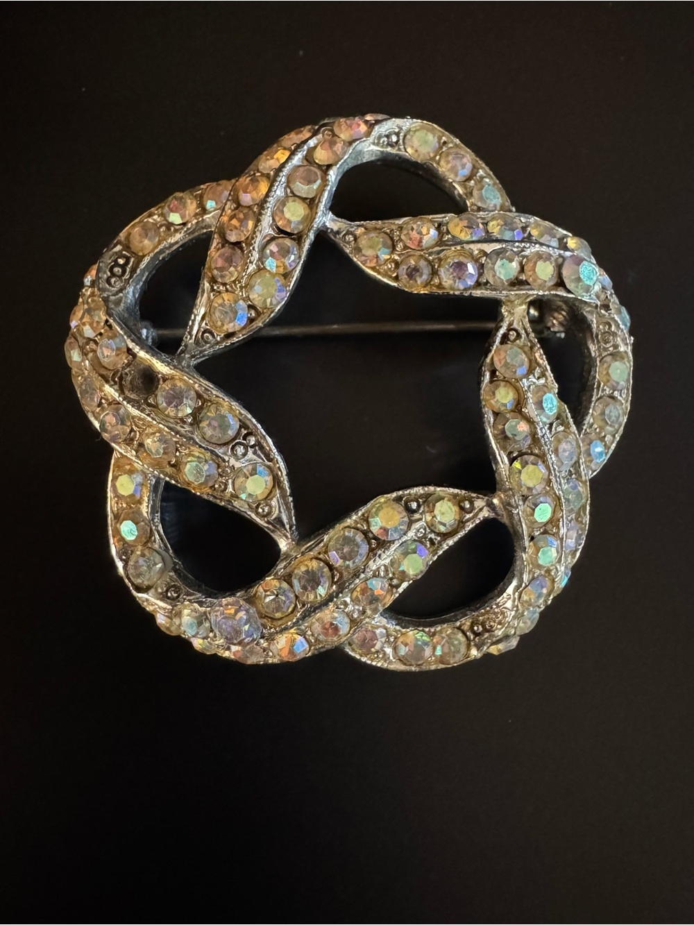 Vintage Aurora Borealis Rhinestone Ribbon Wreath Brooch